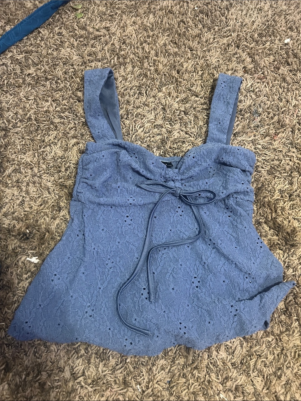Blue Eyelet Lace Tie-Front Tank Top